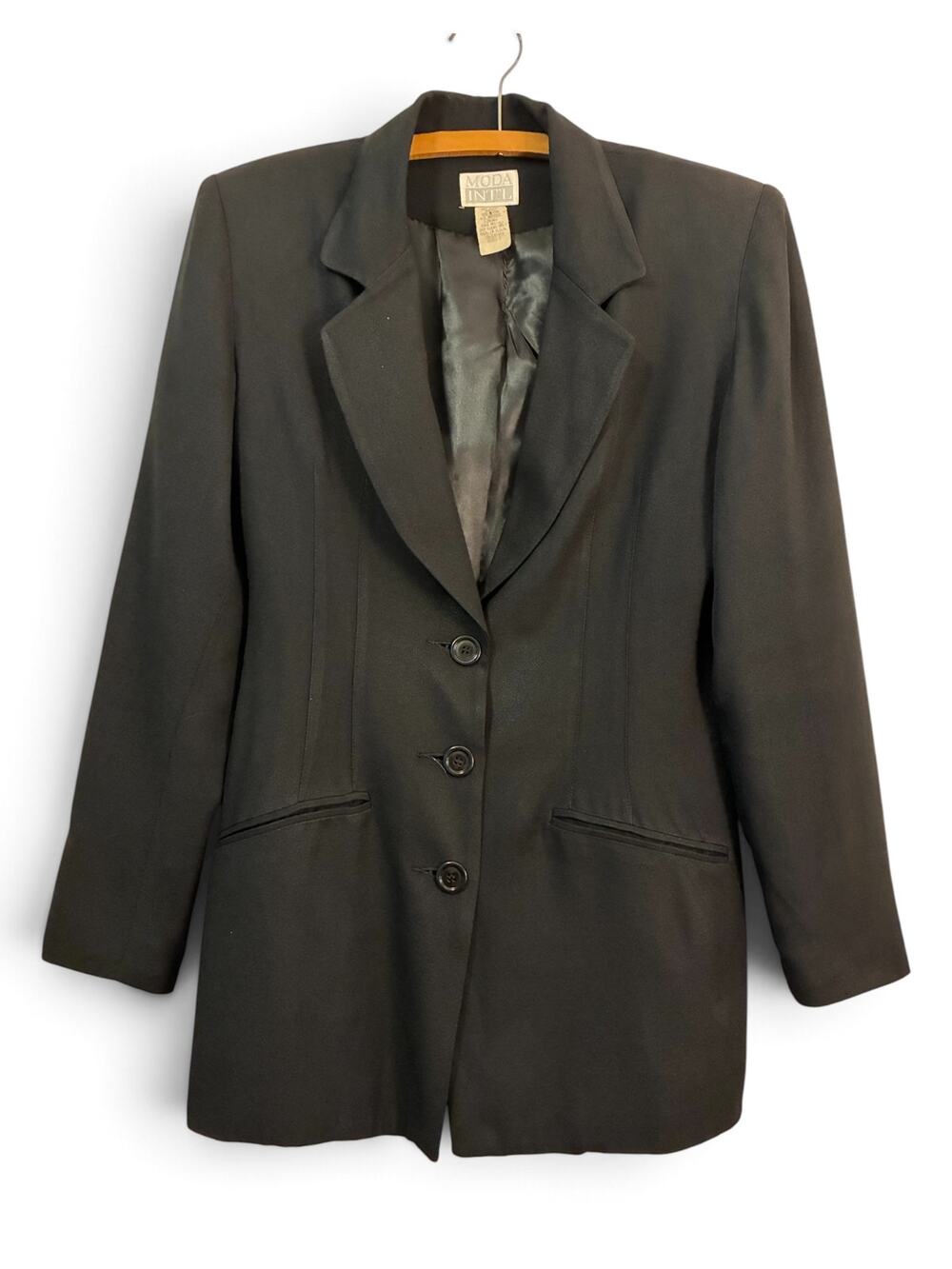 Vintage 90s Moda International Black Blazer Jacket Rayon Blend
